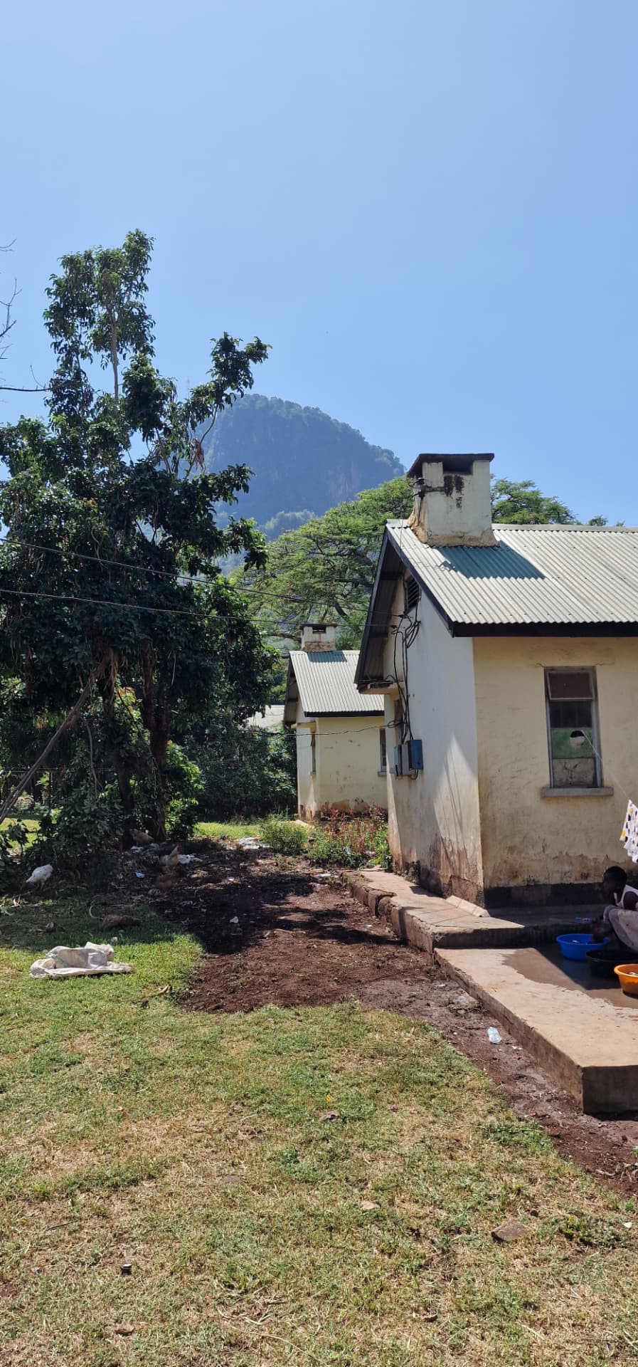 Side of the house with the neighbouring quarters and Tororo Rock rising behind the trees